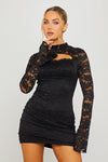 Black Lace High Neck Long Sleeve Mini Dress