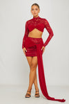 Wine Lace High Neck Crop Top & Draped Mini Skirt Co-Ord