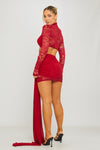 Wine Lace High Neck Crop Top & Draped Mini Skirt Co-Ord