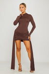 Brown High Neck Long Sleeve Draped Mini Dress