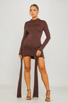 Brown High Neck Long Sleeve Draped Mini Dress