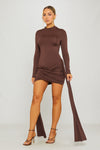 Brown High Neck Long Sleeve Draped Mini Dress