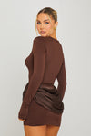 Brown Slash Neck Drape Waist Long Sleeve Mini Dress