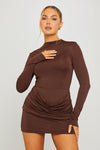 Brown Long Sleeve Drape Waist Bodycon Mini Dress