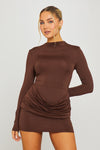 Brown Long Sleeve Drape Waist Bodycon Mini Dress