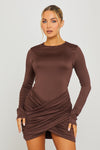 Brown Twist Front Long Sleeve Bodycon Mini Dress