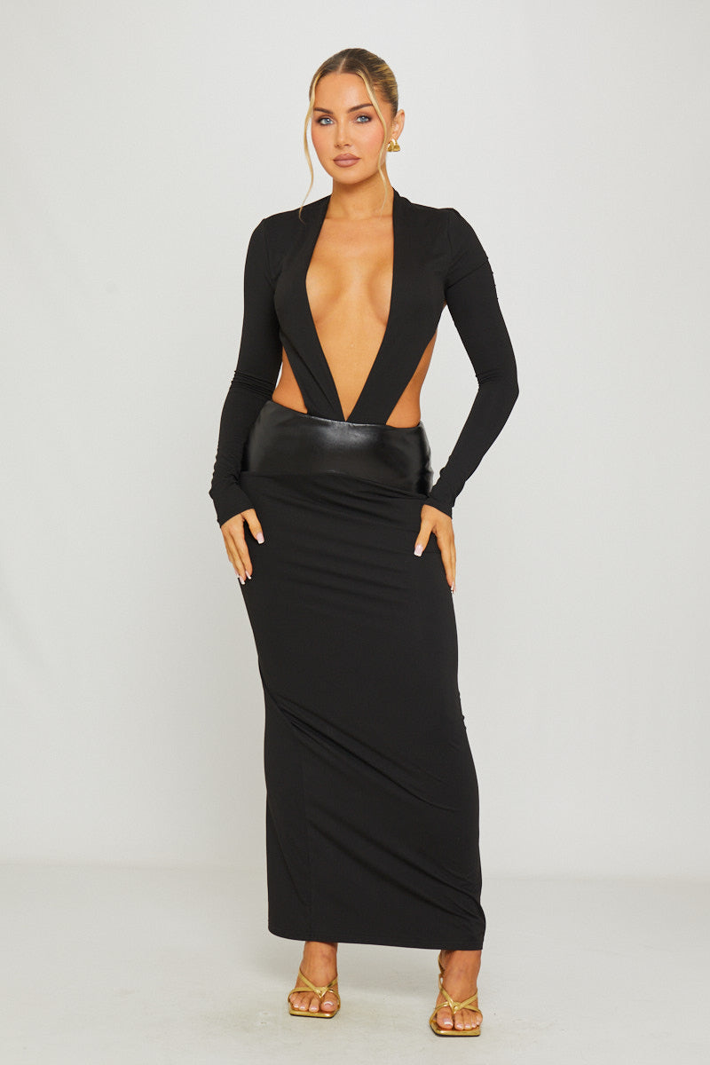 Black Plunge Neck Leather Waist Detail Maxi Dress