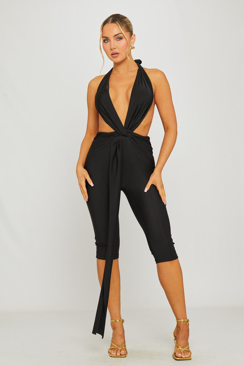 Black Deep Plunge Draped Detail Capri Jumpsuit
