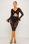 Black Lace Tie Front Ruffle Top & Capri Leggings Co-Ord