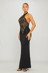 Black Lace Halterneck Open Back Maxi Dress