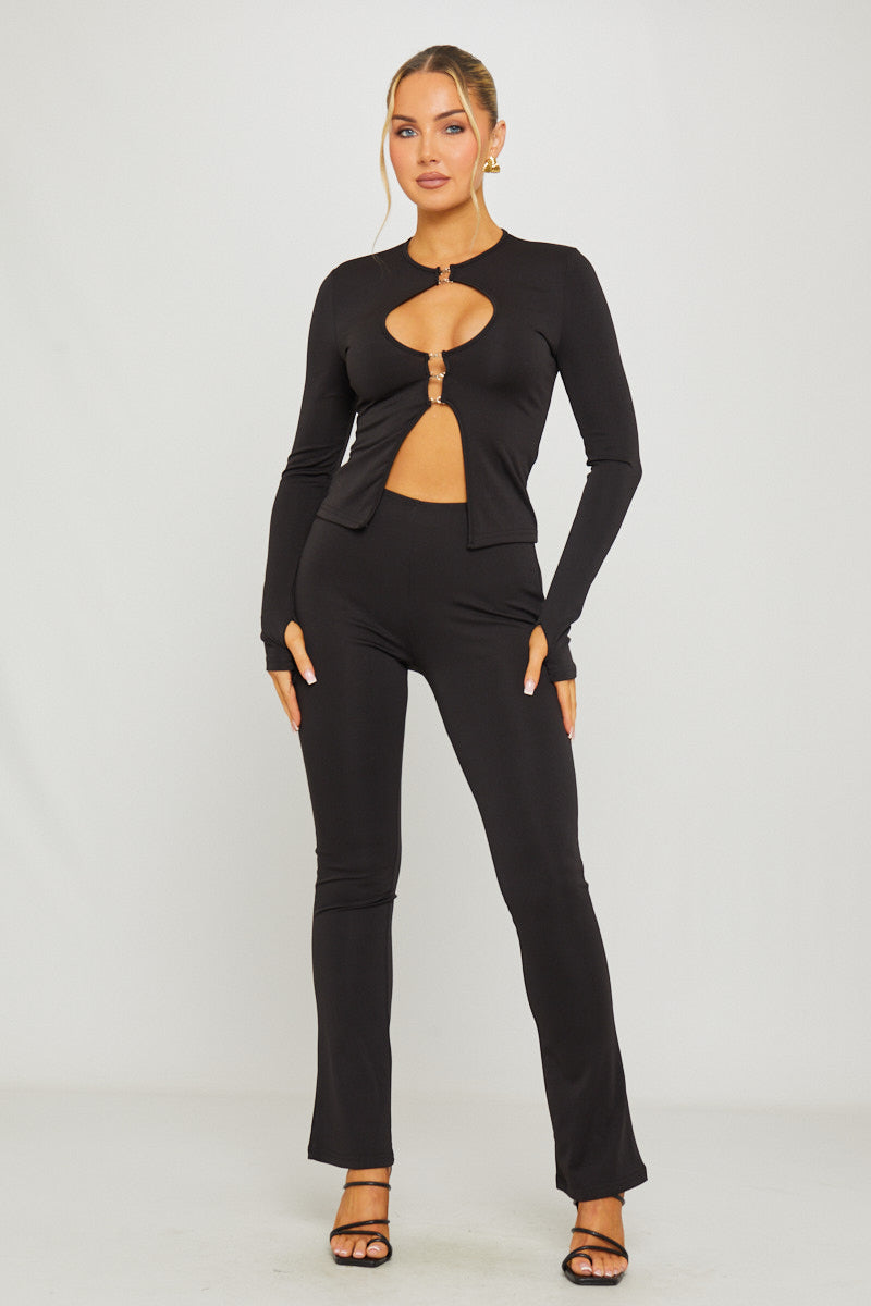 Black Plunge Cut Out Detail Top & Trousers Co-Ord