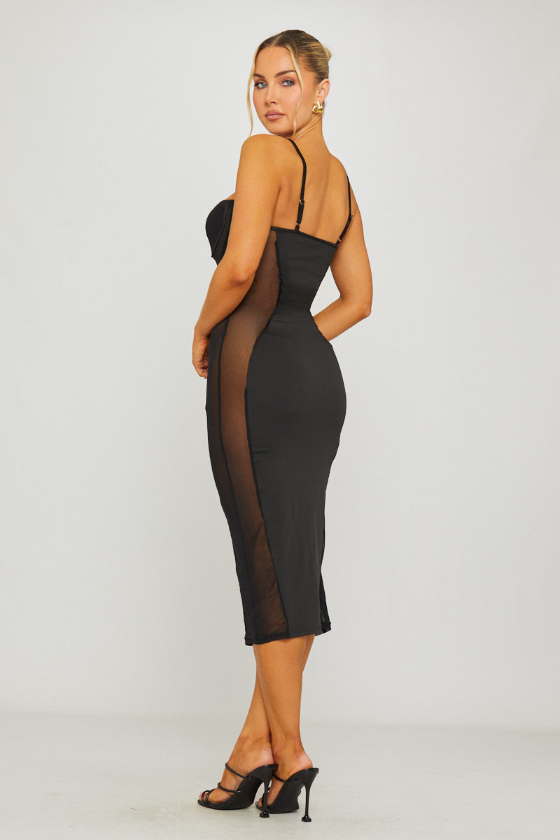 Black Mesh Panel Cut Out Underwired Midi Dress