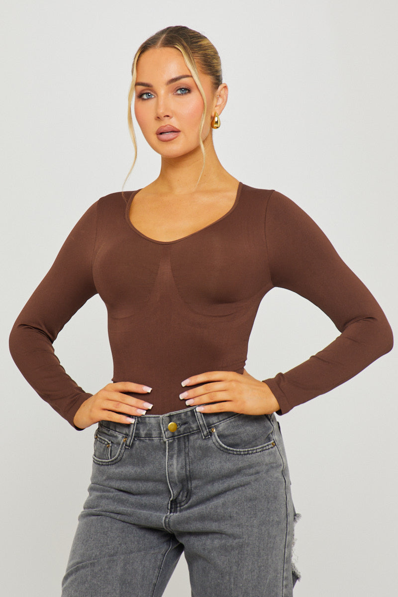 Brown Seamless Sculpting Long Sleeve Bodysuit