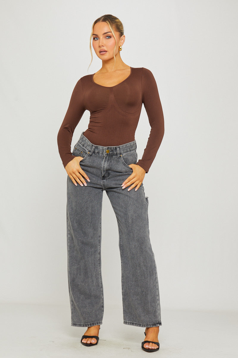 Brown Seamless Sculpting Long Sleeve Bodysuit
