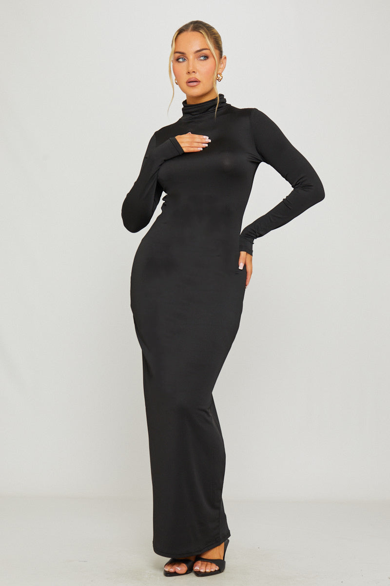 Black Turtleneck Long Sleeve Bodycon Maxi Dress