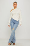 Cream Asymmetric One Shoulder Long Sleeve Top