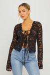 Black Lace Tie Front Flared Sleeve Top