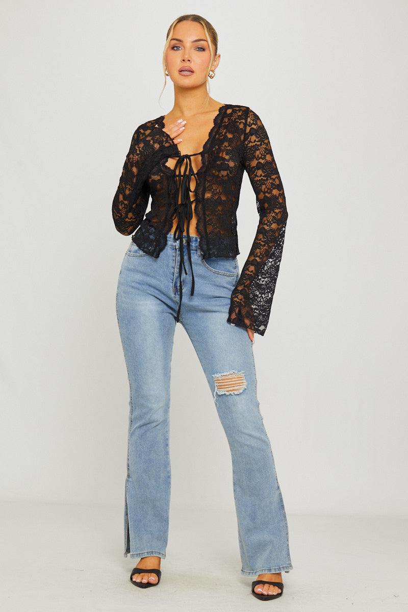 Black Lace Tie Front Flared Sleeve Top