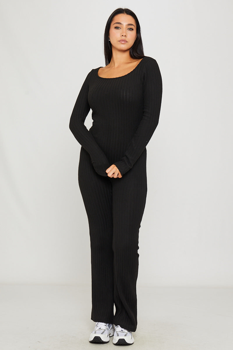 Black Rib Knit Square Neck Long Sleeve Jumpsuit