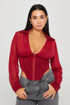 Burgundy Sheer Corset Detail Long Sleeve Top