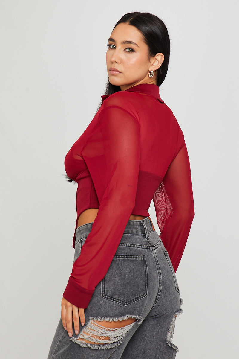 Burgundy Sheer Corset Detail Long Sleeve Top