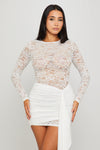 White Lace Ruched Draped Long Sleeve Mini Dress