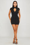 Black High Neck Hook Detail Bodycon Mini Dress