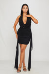 Black Cowl Neck Embellished Draped Mini Dress