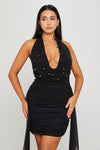 Black Cowl Neck Embellished Draped Mini Dress