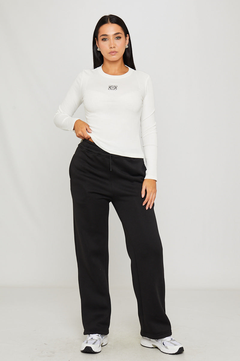 White Rib Anagram Embroidered Long Sleeve Top