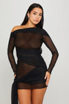 Black Sheer One Shoulder Draped Mini Dress