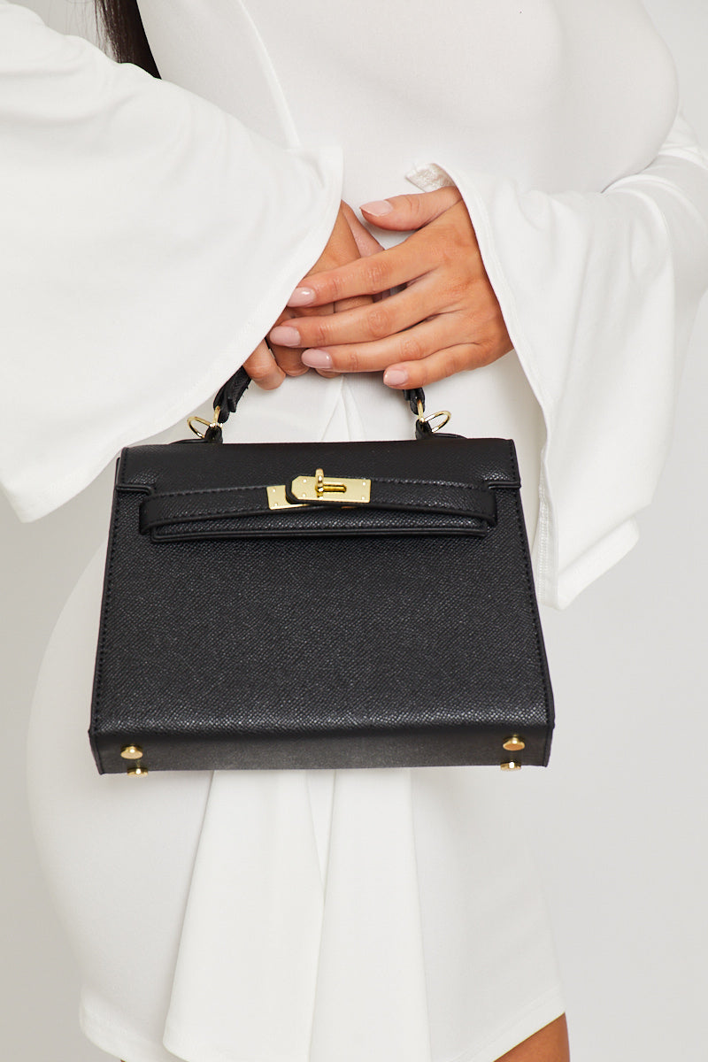 Black Faux Leather Top Handle Tote Bag