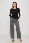 Black Semi Sheer Ruched Long Sleeve Wrap Top