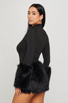 Black High Neck Faux Fur Long Sleeve Bodysuit