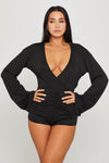 Black Ruched Open Back Long Sleeve Playsuit