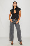 Black Plunge Hook & Eye Detail Cap Sleeve Top