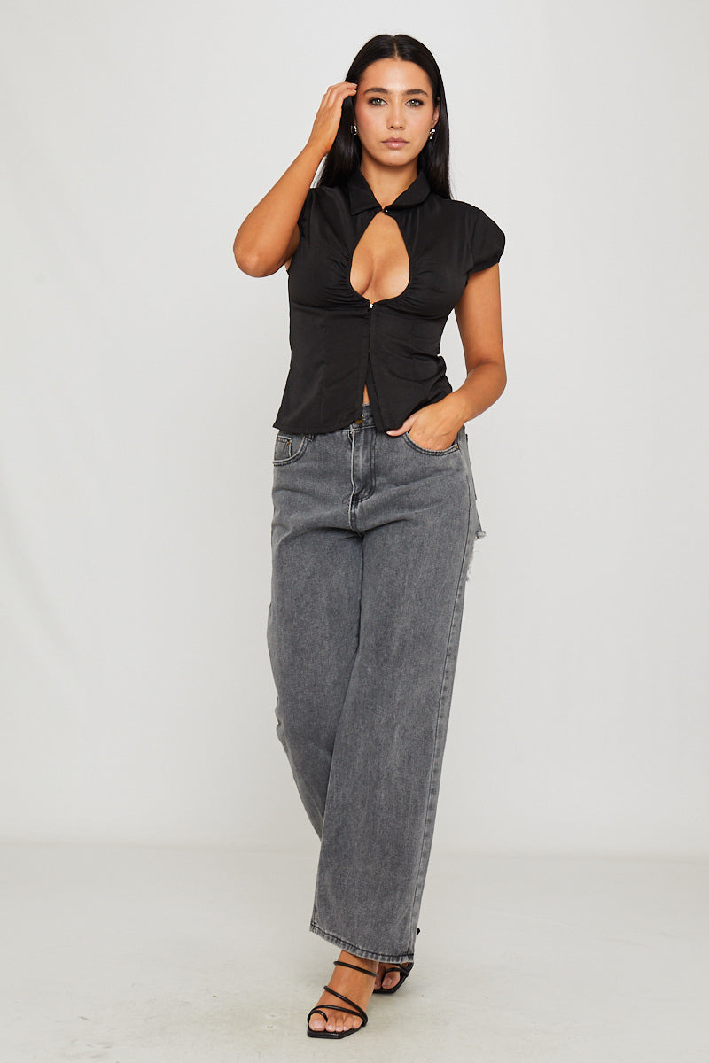 Black Plunge Hook & Eye Detail Cap Sleeve Top