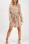 Nude Satin Geometric Print Belted Shirt Dress