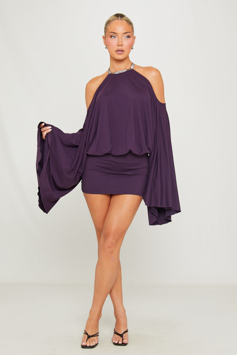 Purple Embellished Butterfly Bodycon Mini Dress