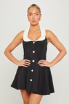 Black Contrast Collar Pleated Mini Dress