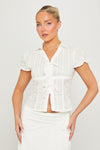 White Floral Embroidered Tie Front Top