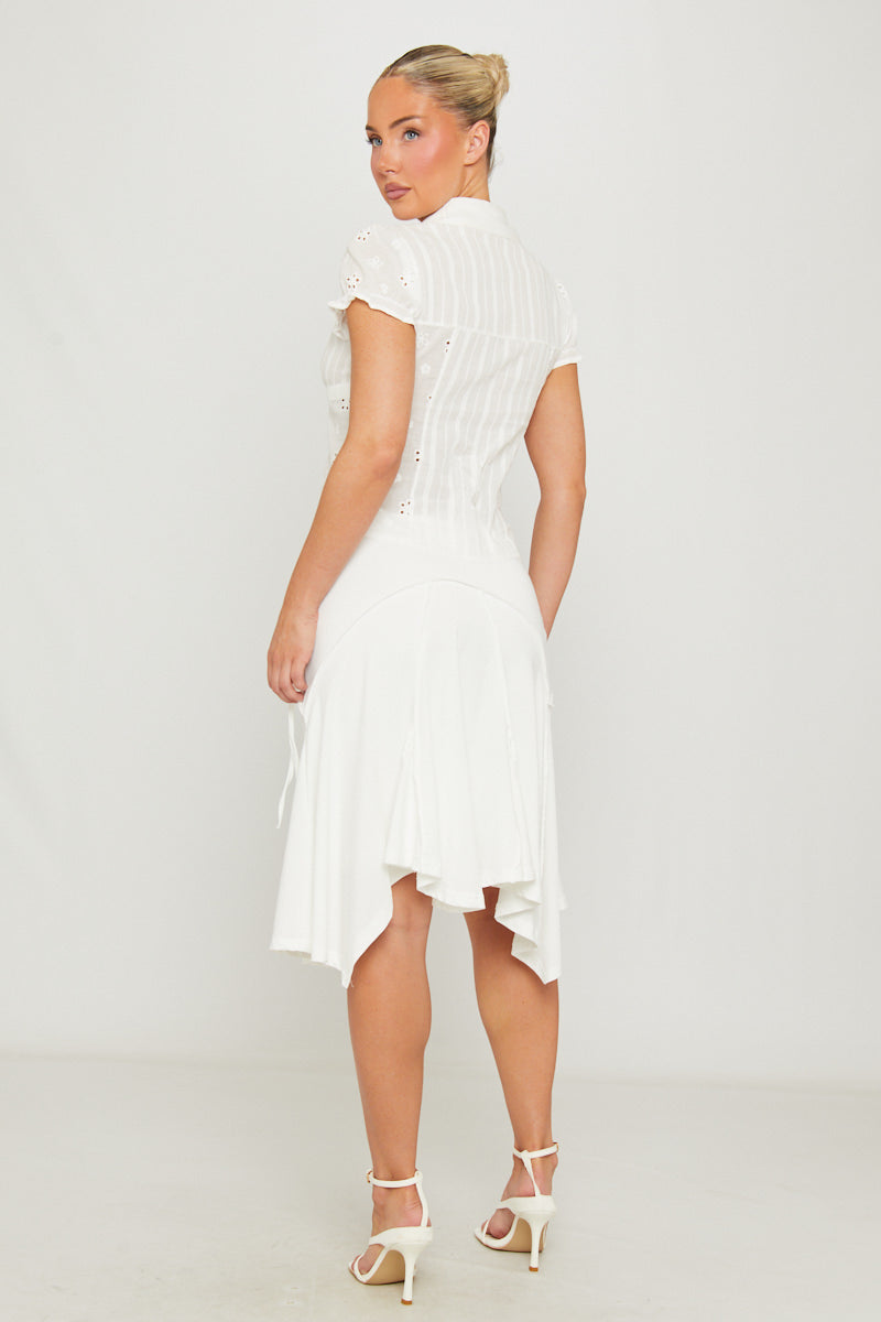White Floral Embroidered Tie Front Top