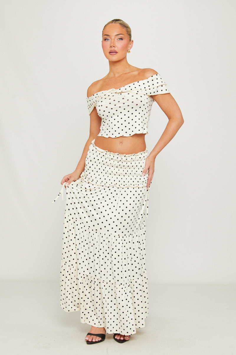 White Polka Dot Off Shoulder Top & Maxi Skirt Co-Ord