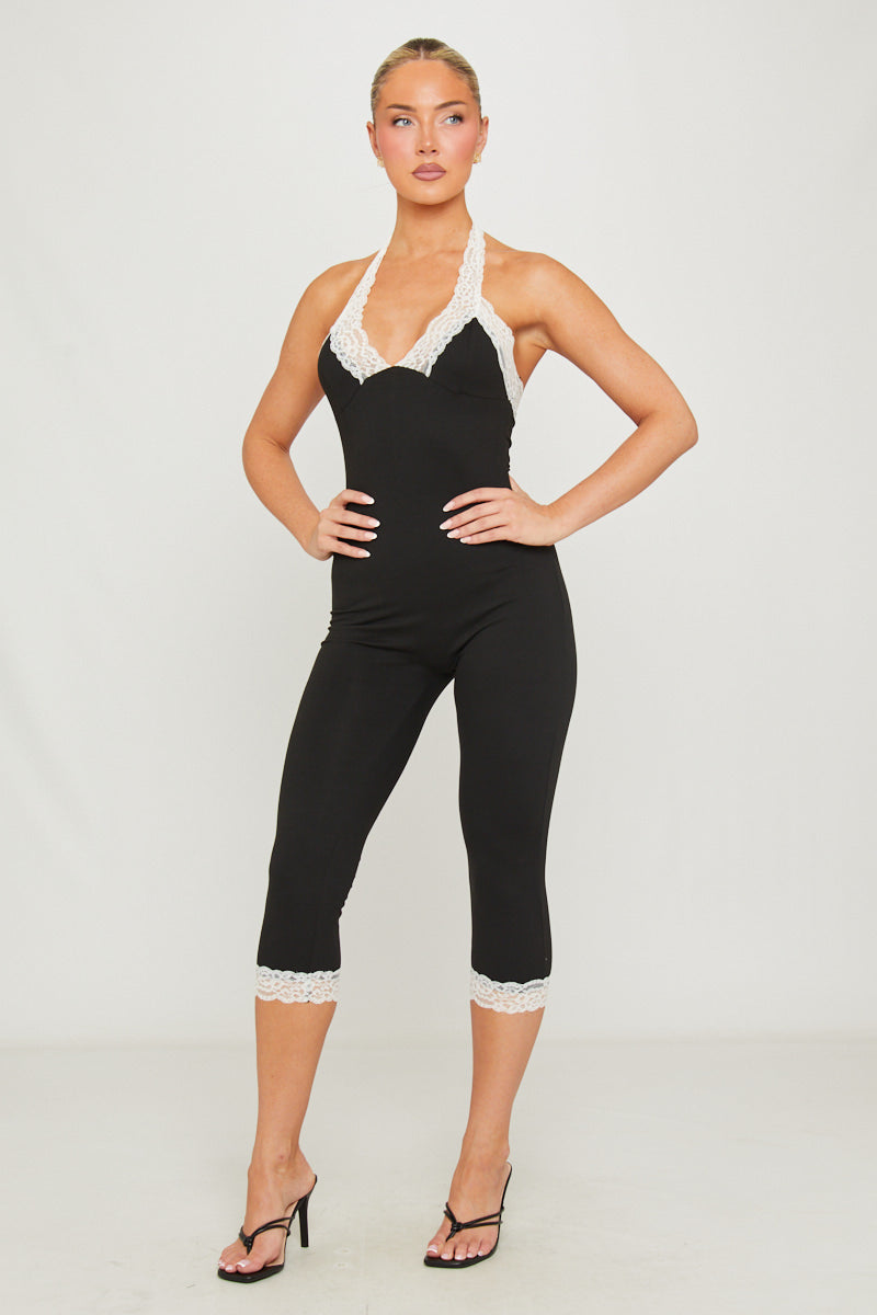 Black Lace Trim Halter Neck Capri Jumpsuit