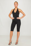 Black Plunge Button Detail Capri Jumpsuit