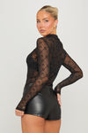 Black Monogram Print Mesh High Neck Top