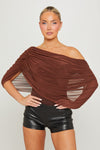 Brown Draped Off Shoulder Bodysuit
