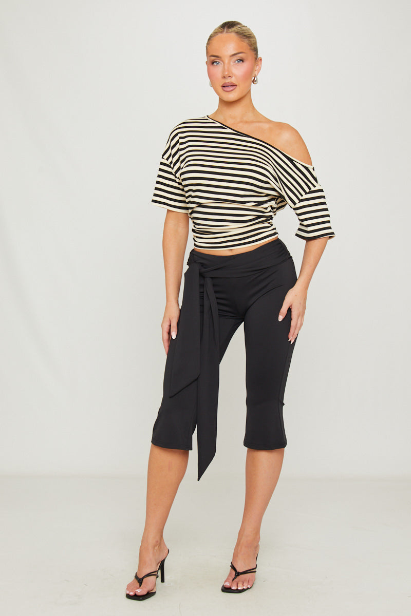 Cream Asymmetric Striped One Shoulder Top