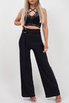 Black Ring Belted Ribbed Wide Leg Trousers