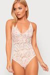 Pink Sheer Lace Cross Back Bodysuit